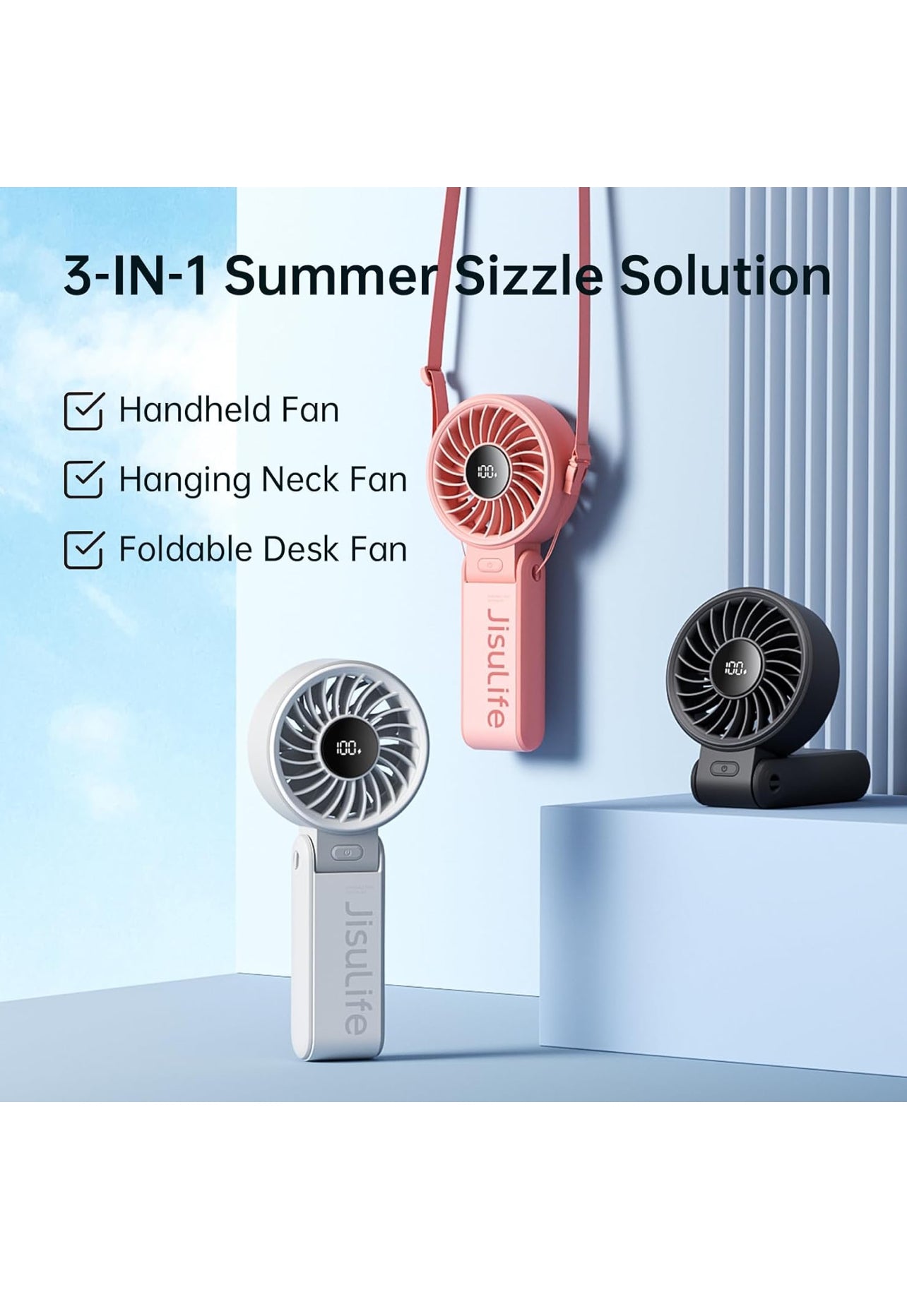 JISULIFE Handheld Fan Life7 – Ultimate Flexibility: High-Power Motor, LED Display, 19.5 Hrs Cooling, 5000mAh Rechargeable, 5-Speed, Foldable Design, 3-IN-1 Portable Fan for Travel Cruise Beach