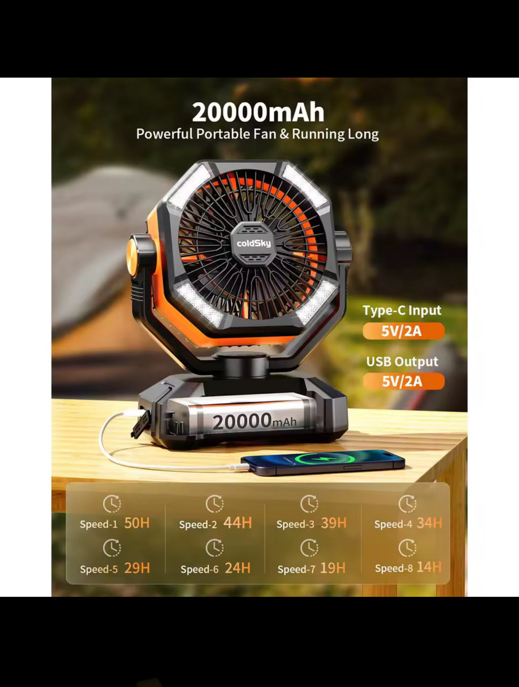 coldSky 20000mAh Battery Camping Fan with 4 LED Lantern 8 Speeds Desk Fan Portable Outdoor Fan for Tent Power